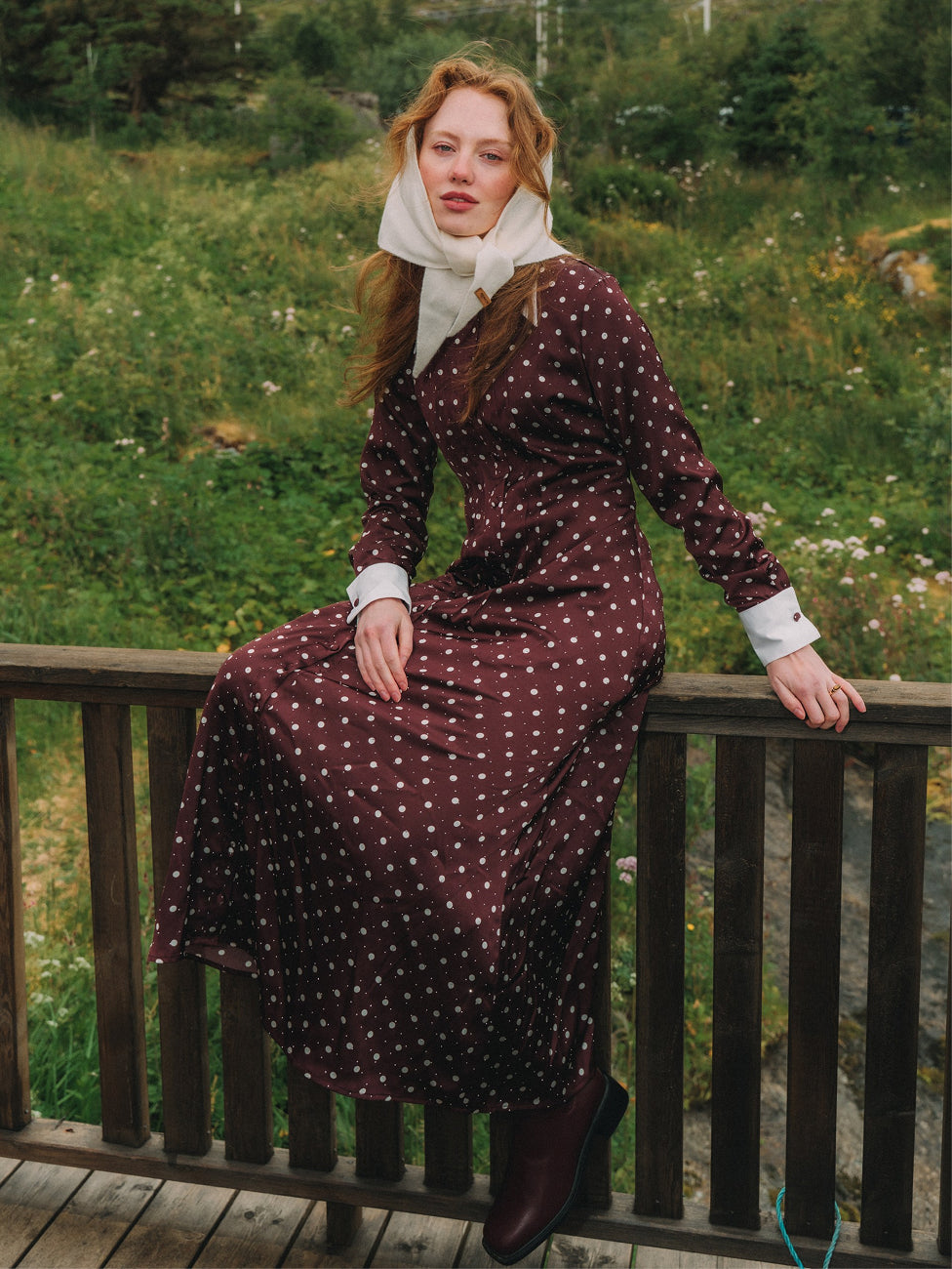 Collared Ruched Back Long Sleeve Shirtdress - Burgundy Polka Dot Sparkle