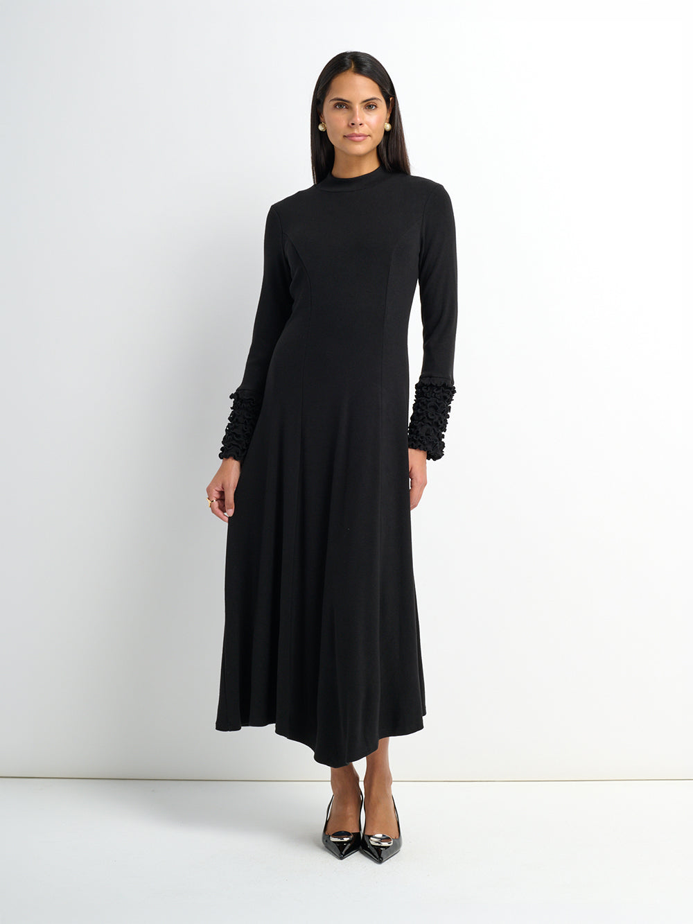 Sleeve Detail Princess Style Knit Dress - Black