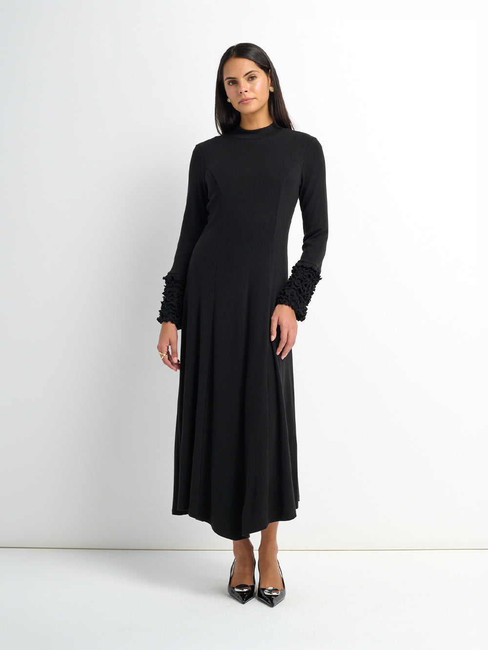 Sleeve Detail Princess Style Knit Dress - Black