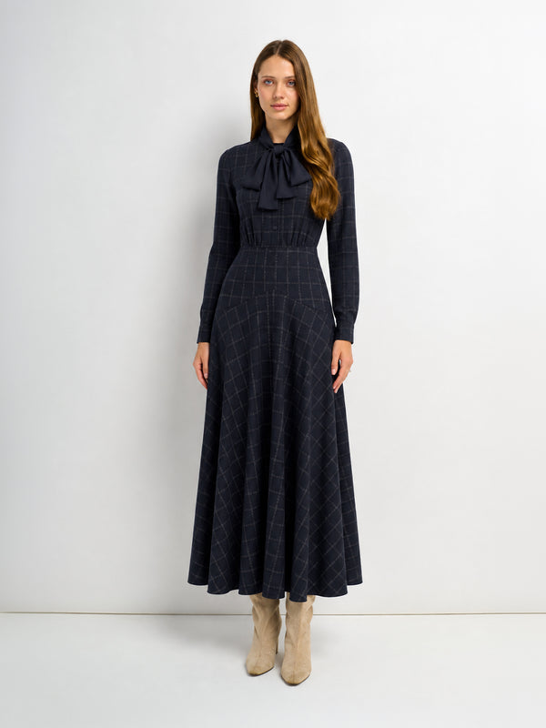 Satin Tie Yoke Dress - Navy Plaid