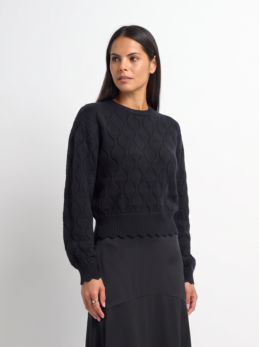Scalloped Edge Hourglass Sweater - Black