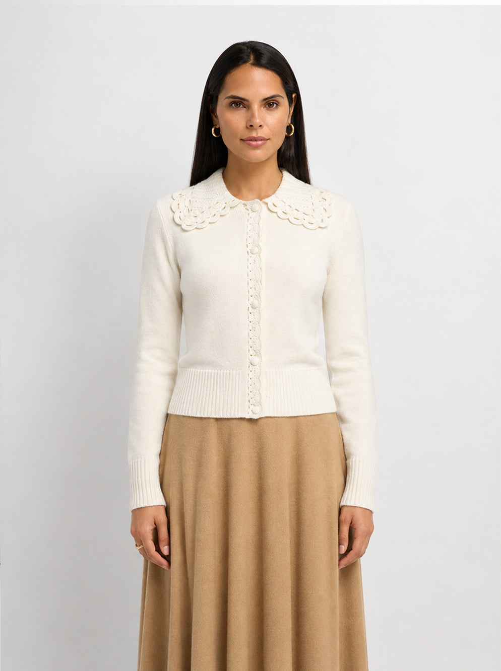 Scalloped Crochet Collar Cardigan - Cream