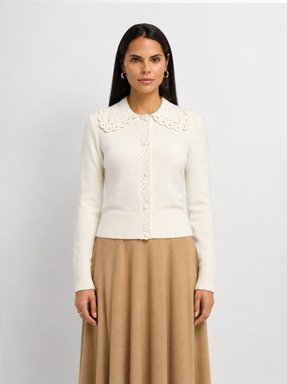 Scalloped Crochet Collar Cardigan - Cream
