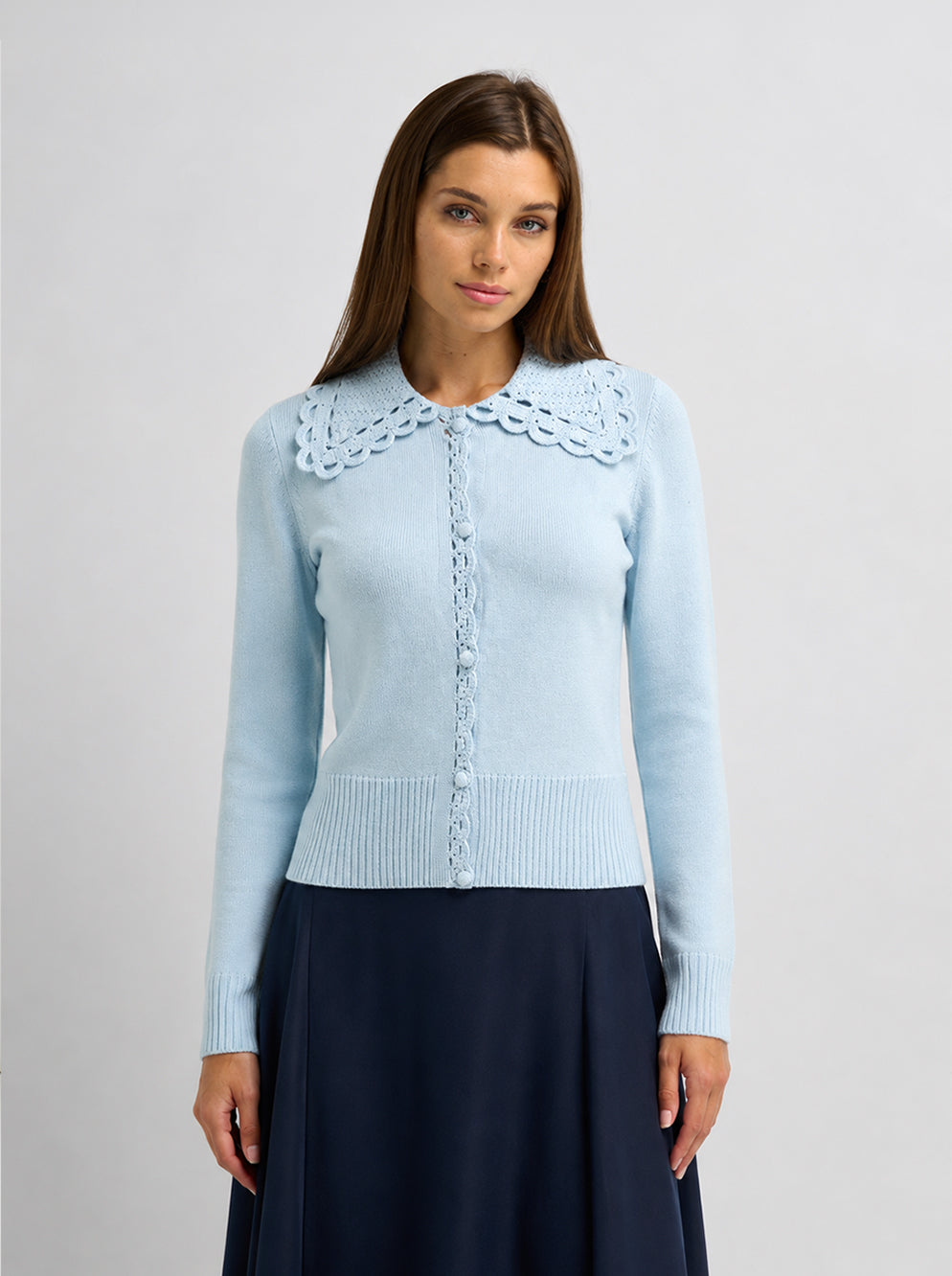 Scalloped Crochet Collar Cardigan - Light Blue