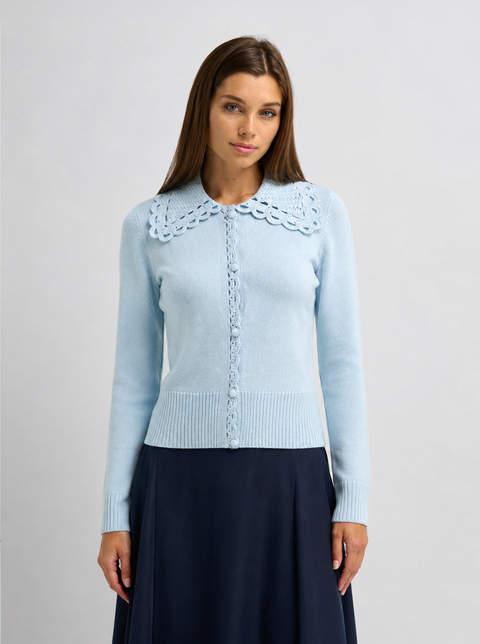Scalloped Crochet Collar Cardigan - Light Blue