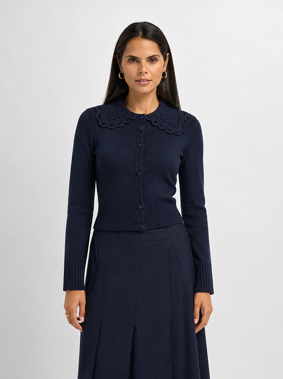 Scalloped Crochet Collar Cardigan - Navy