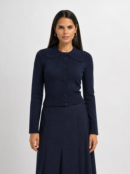 Scalloped Crochet Collar Cardigan - Navy
