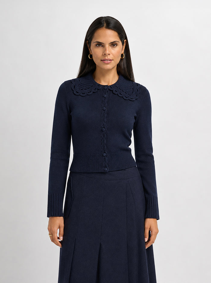 Scalloped Crochet Collar Cardigan - Navy