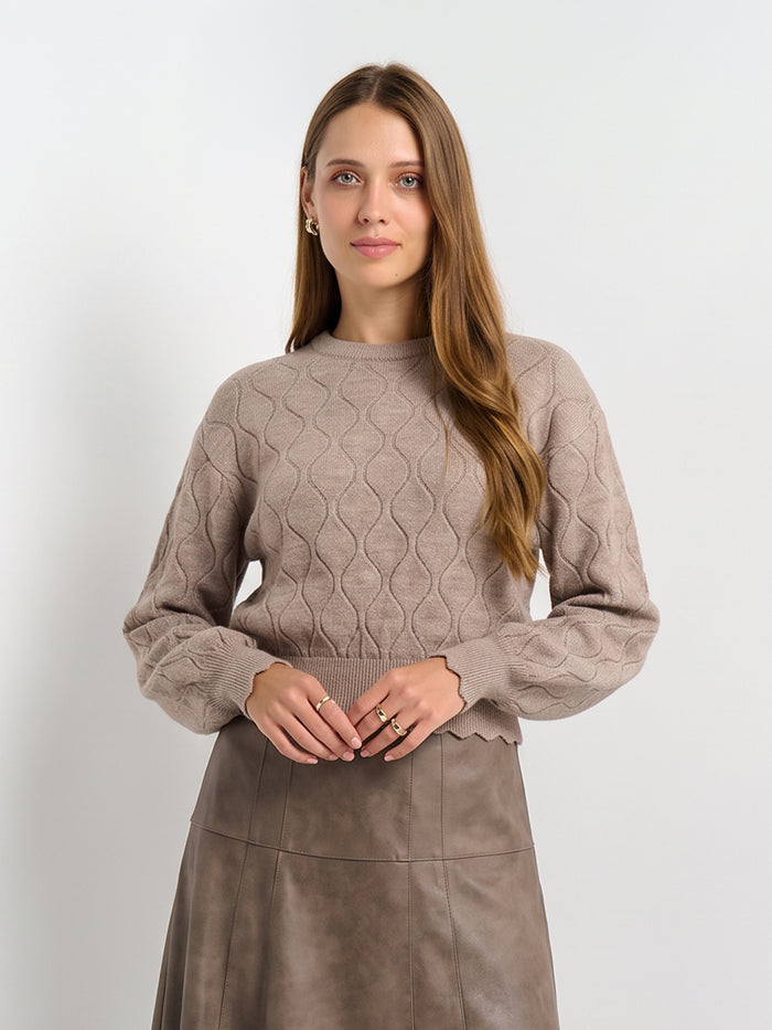 Scalloped Edge Hourglass Sweater - Oatmeal