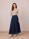Seamed Bottom Stitched Denim Skirt-Dark Blue
