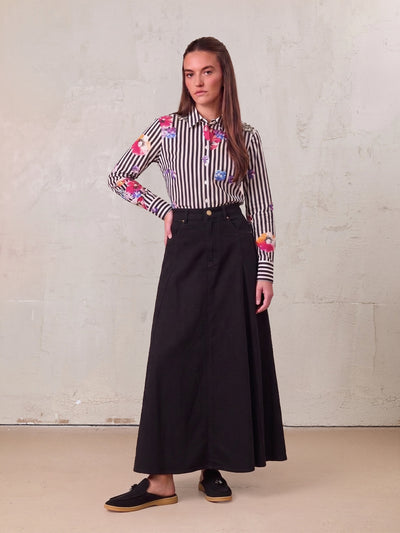 Seamed Full Denim Skirt-Black