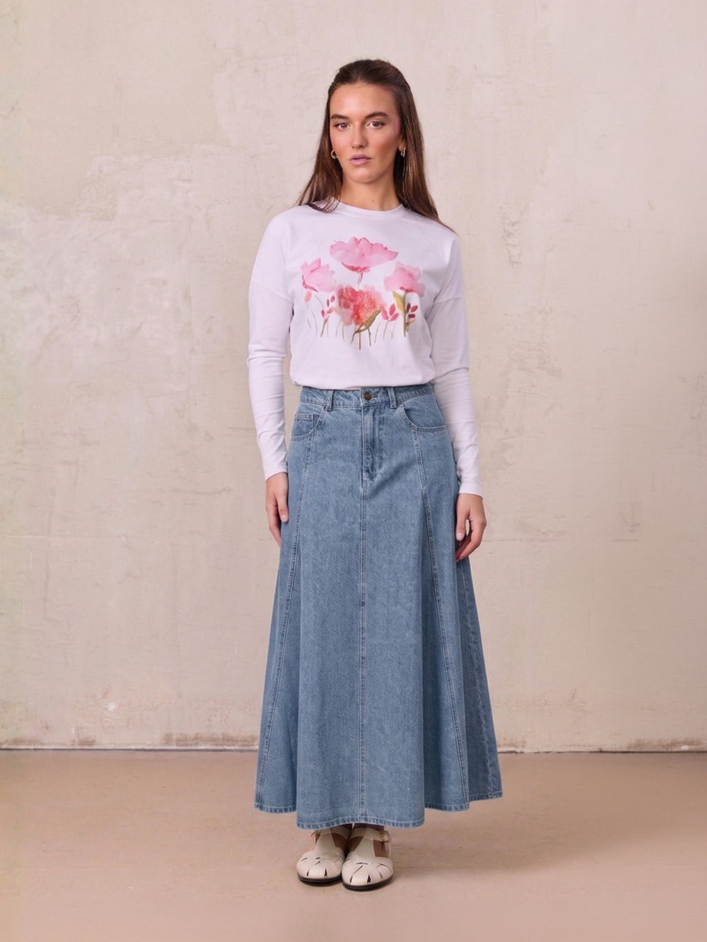 Seamed Full Denim Skirt-Light Blue