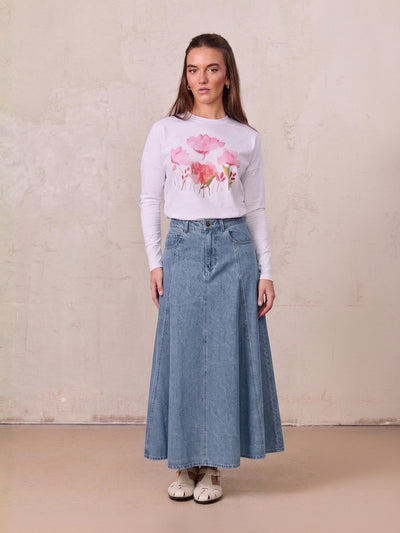 Seamed Full Denim Skirt-Light Blue