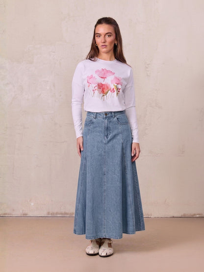 Seamed Full Denim Skirt-Light Blue