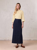 Seamed Straight Stretch Denim Skirt-Dark Blue