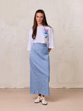 Seamed Straight Stretch Denim Skirt-Light Blue