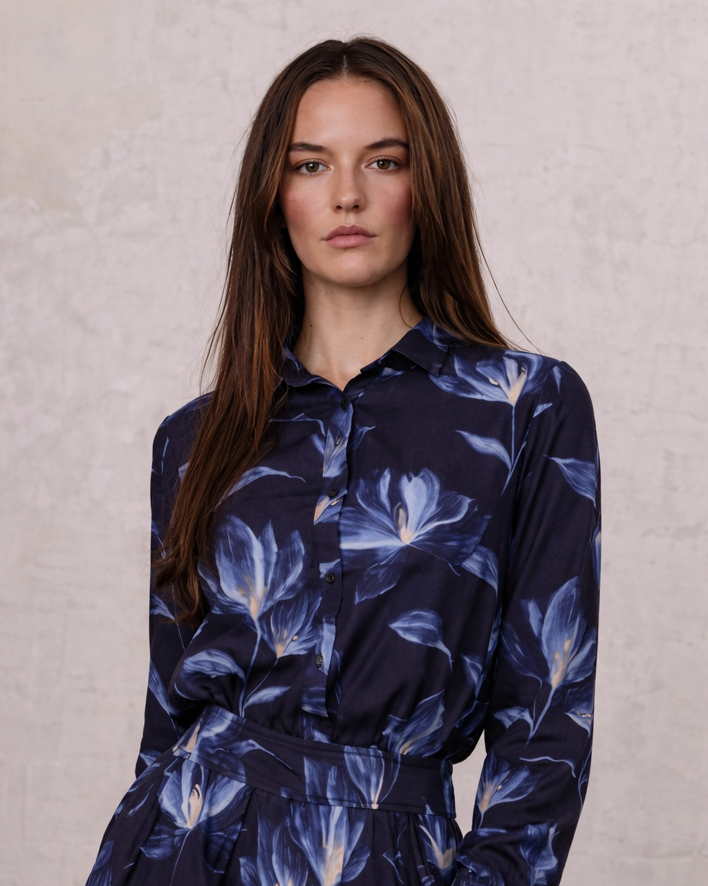 Button Down Collared Blouse-Blue Floral