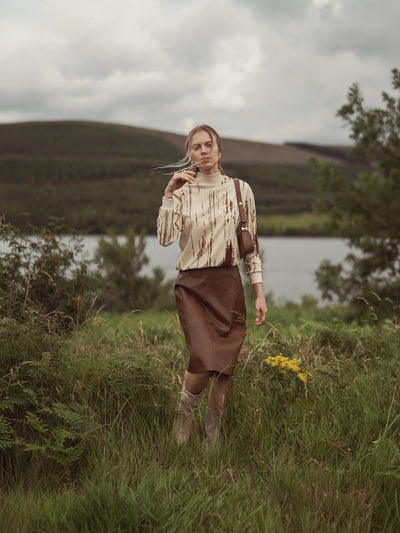 Short A-Line Seamed Faux Leather Skirt-Brown