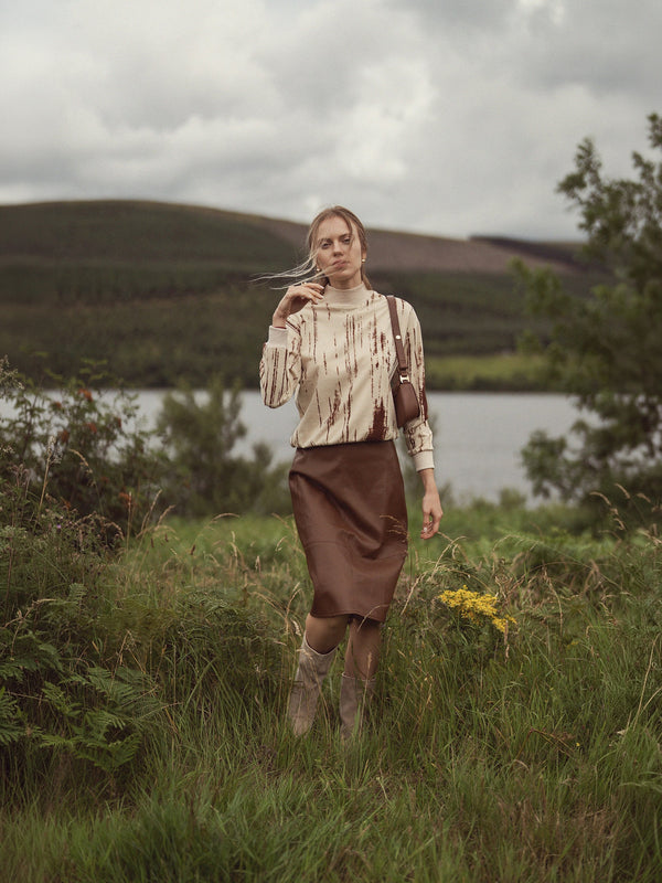 Short A-Line Seamed Faux Leather Skirt-Brown