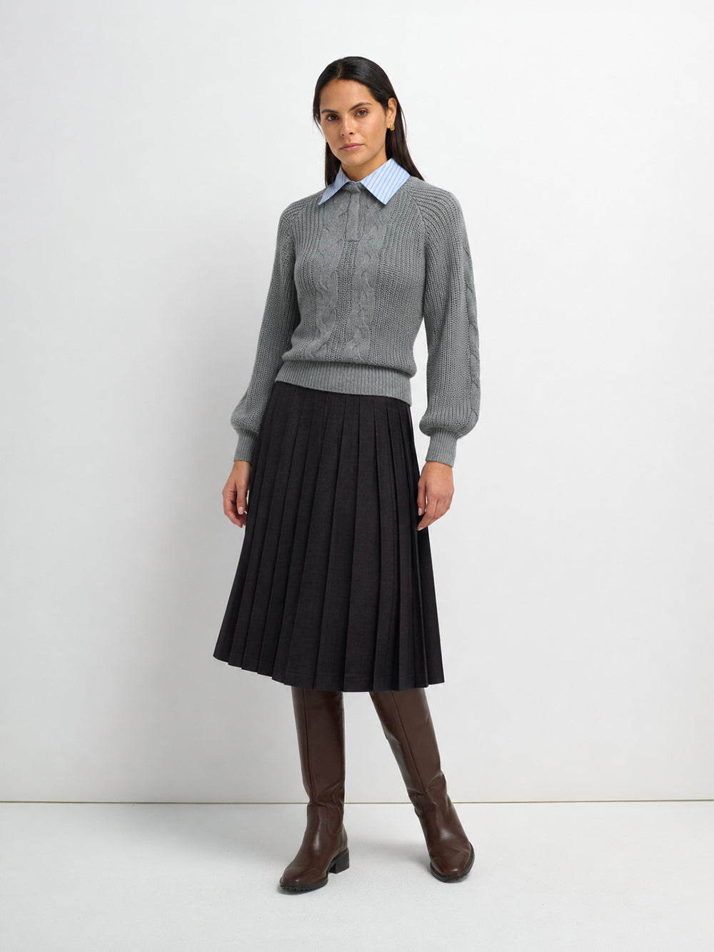 Short Pleated Jersey Denim Skirt - Black