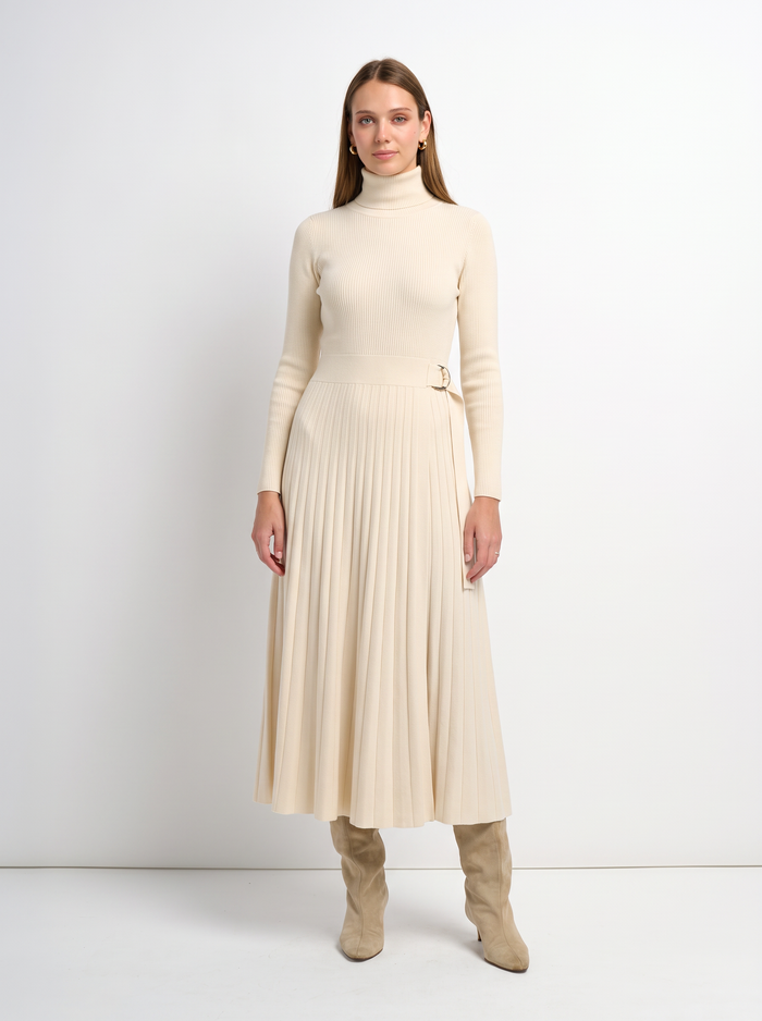 Side Buckle Knit Dress - Cream