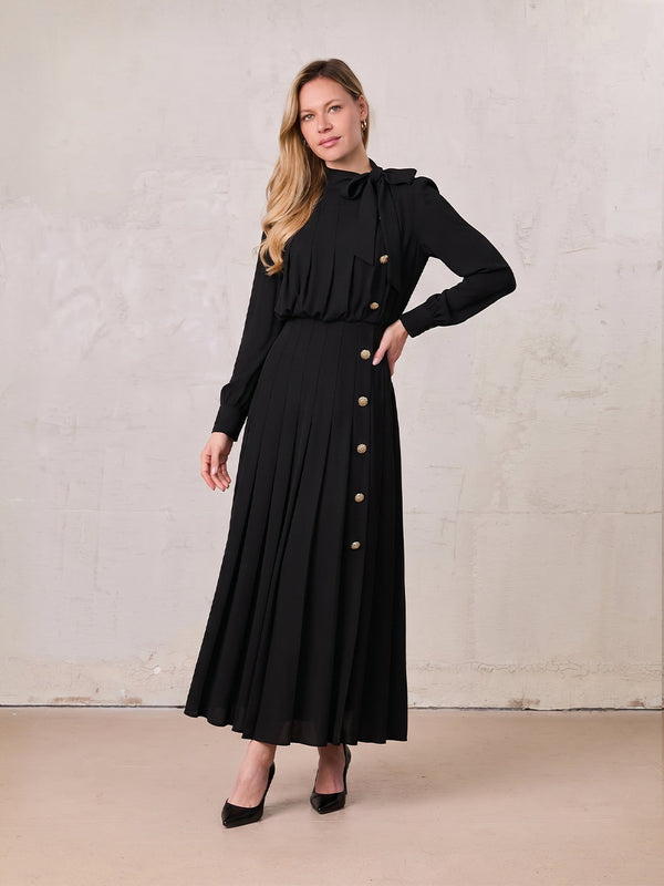 Side Button Pleat Dress-Black