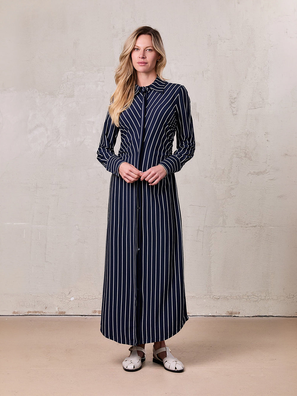 Side Shirred T-shirt Dress-Navy/White