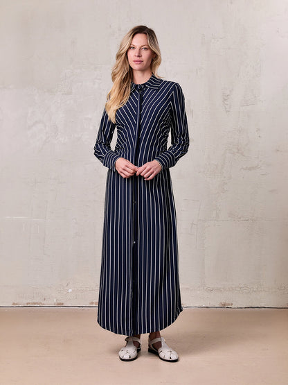 Side Shirred T-shirt Dress-Navy/White