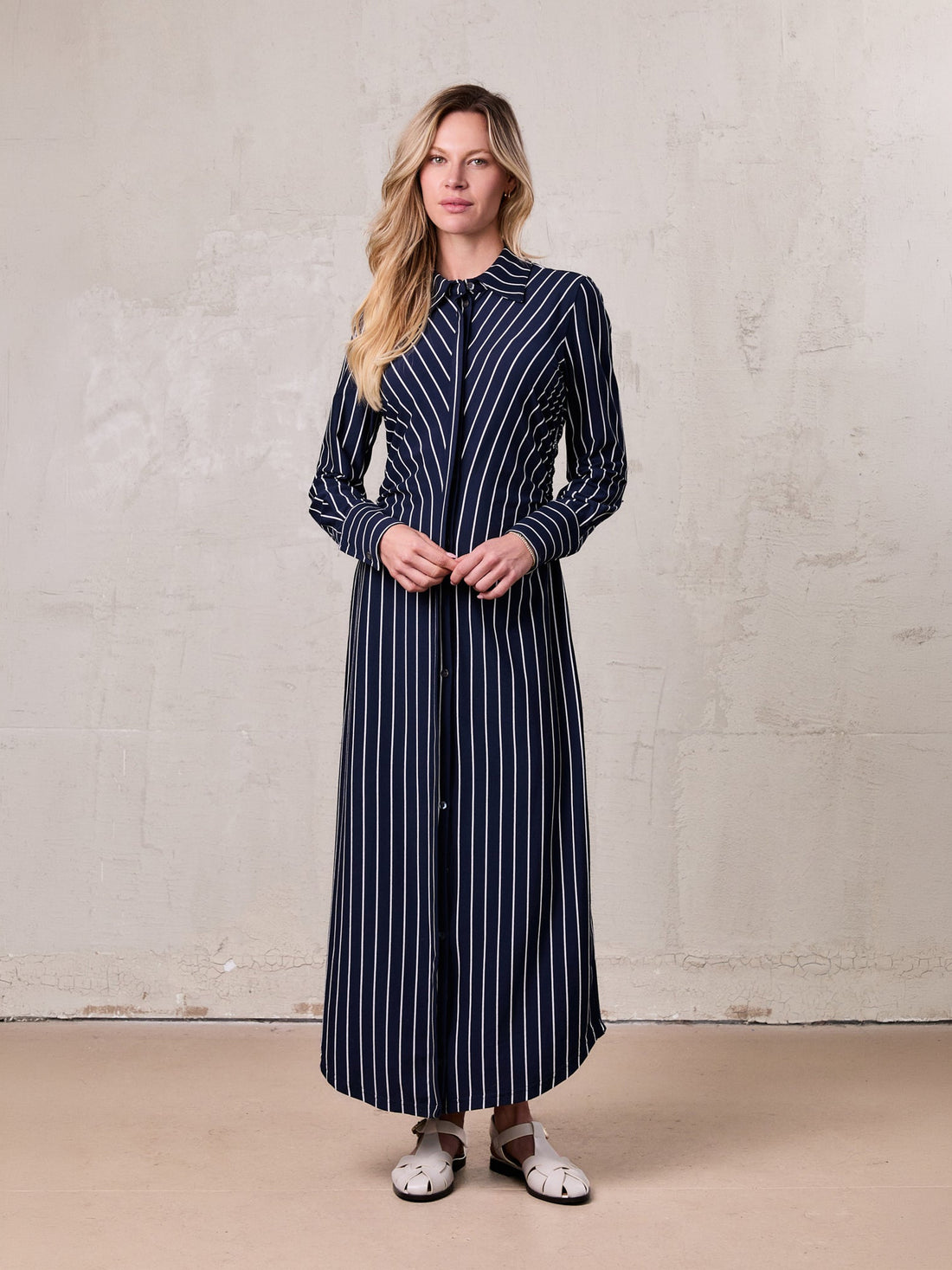 Side Shirred T-shirt Dress-Navy/White