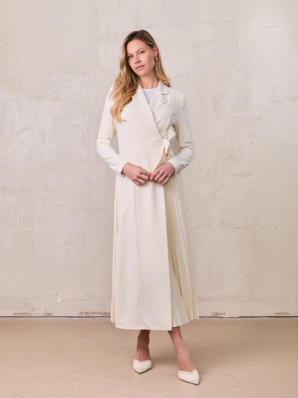 Side Tie Pleat Wrap Dress-Cream