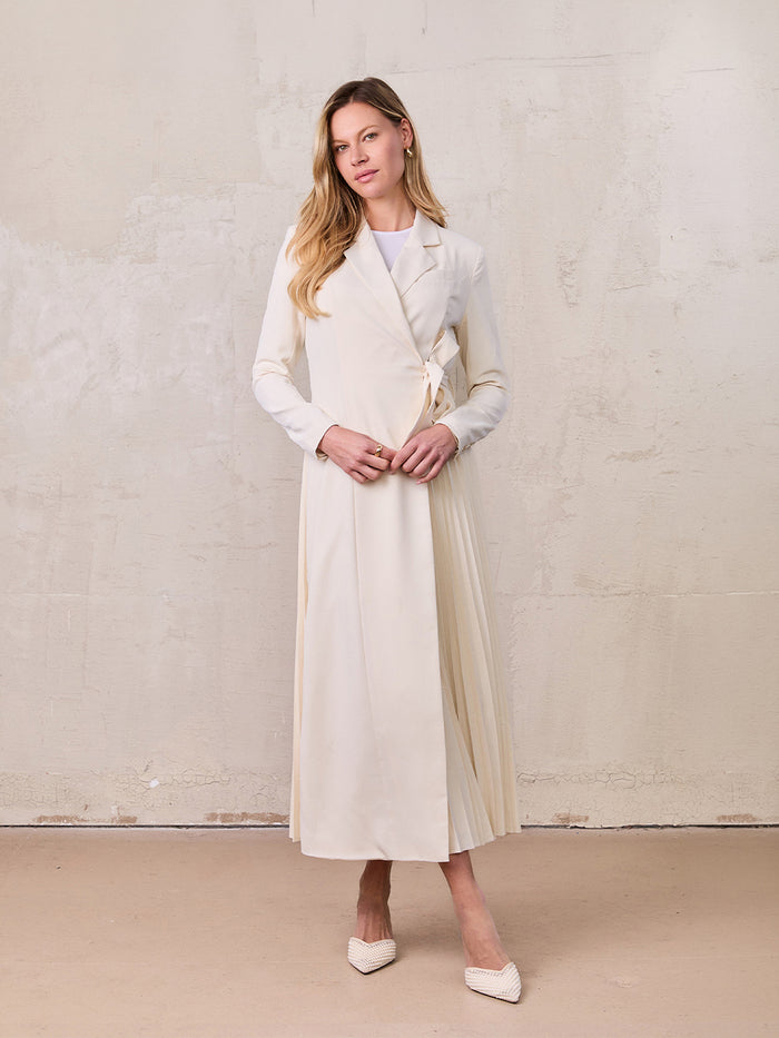 Side Tie Pleat Wrap Dress-Cream
