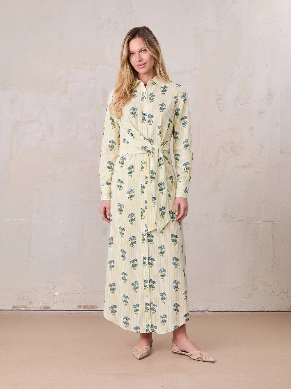 Side Tie Shirtdress-Floral Stripe