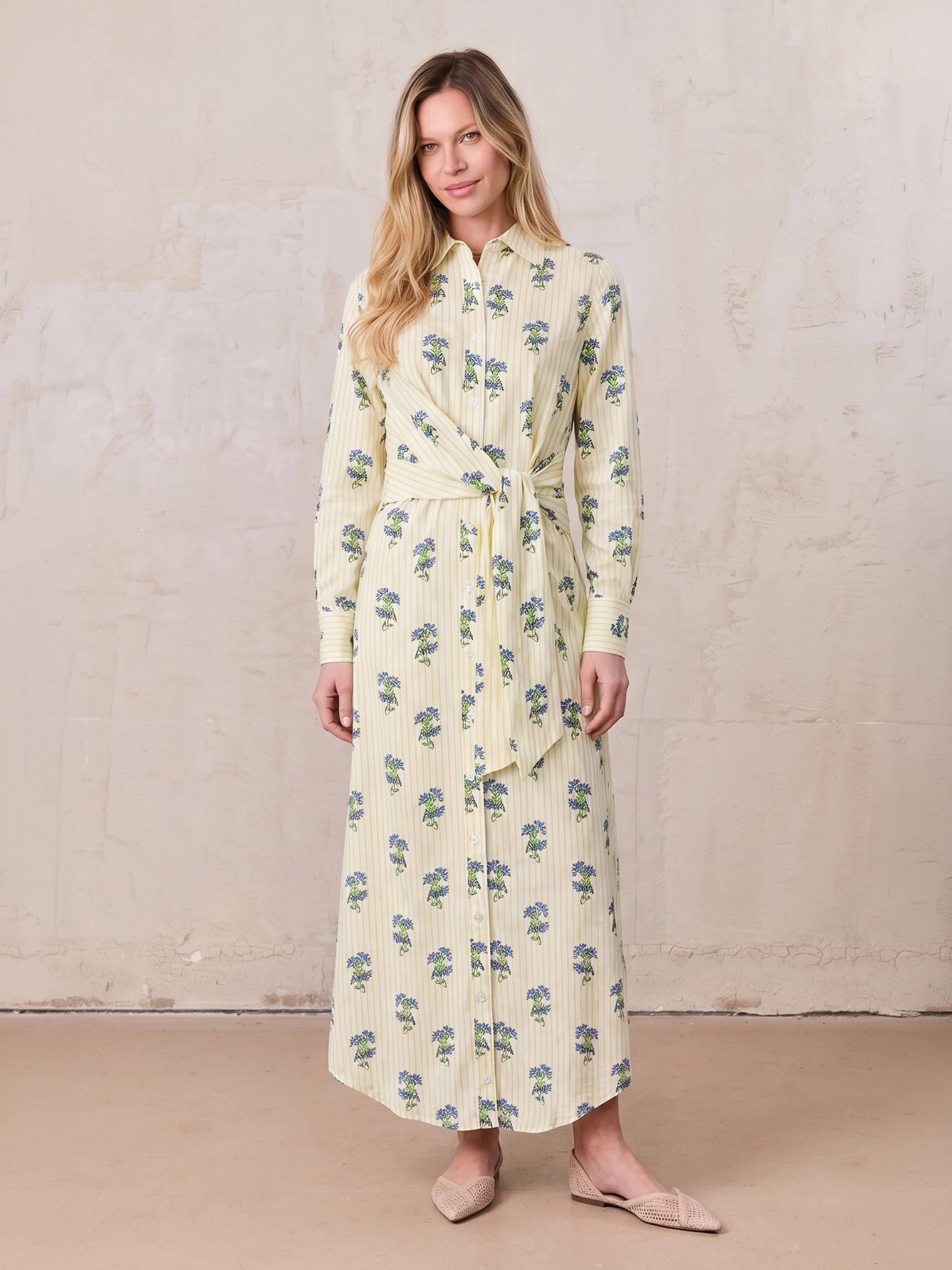 Side Tie Shirtdress-Floral Stripe