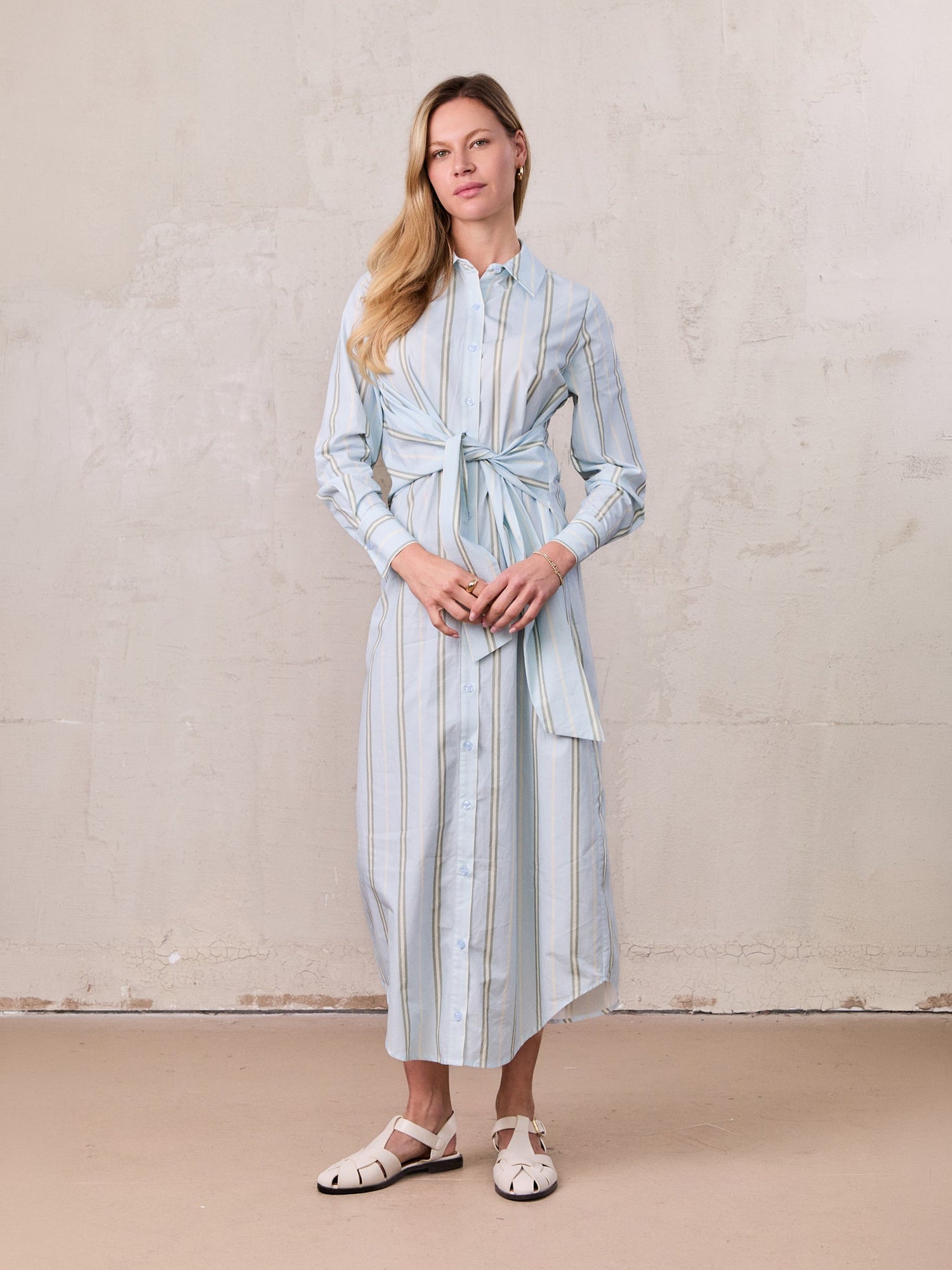 Side Tie Shirtdress-Stripe