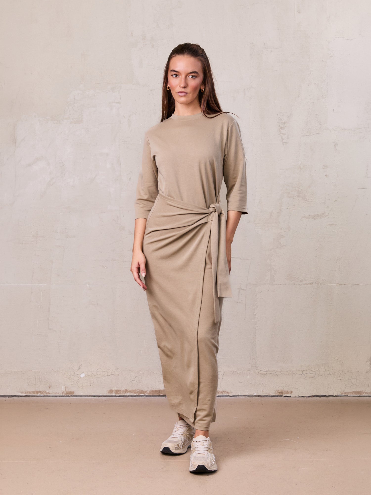 Side Tie T-Shirt Dress-Fawn