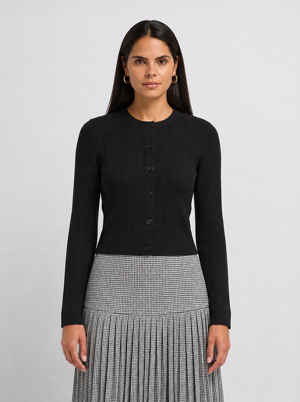 Silk Knit Ribbed Cardigan 17"- Black
