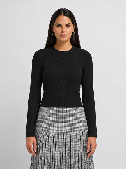 Silk Knit Ribbed Cardigan 17"- Black