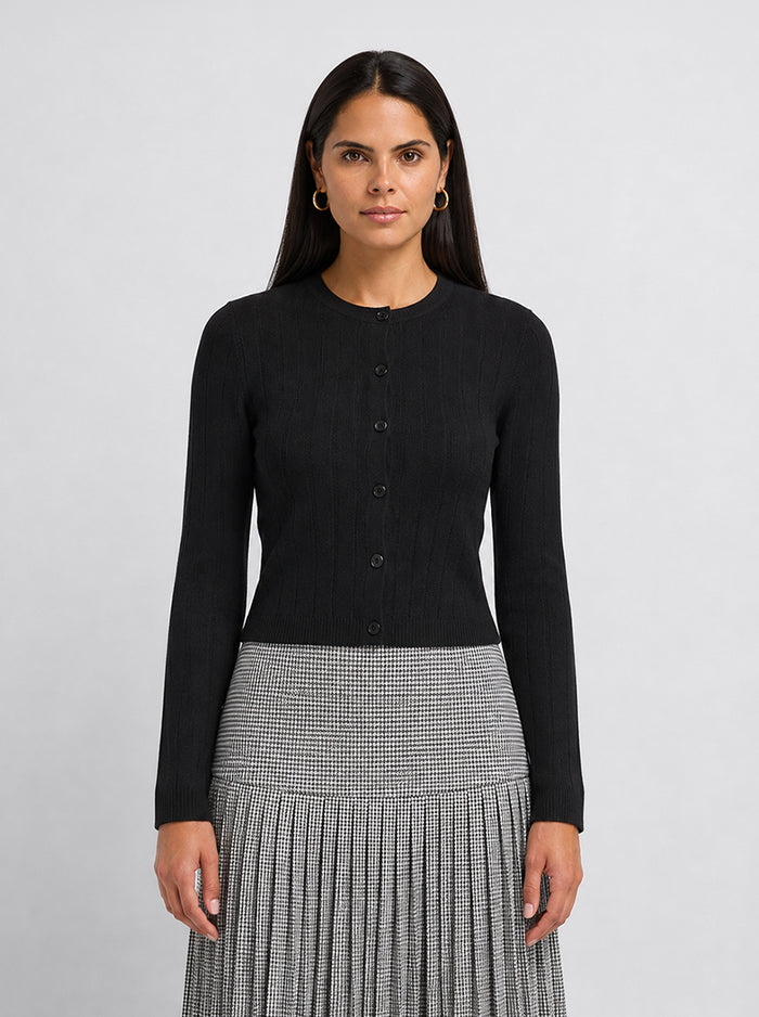 Silk Knit Ribbed Cardigan 17"- Black