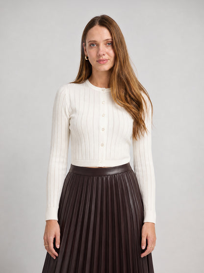 Silk Knit Ribbed Cardigan 17"- Cream