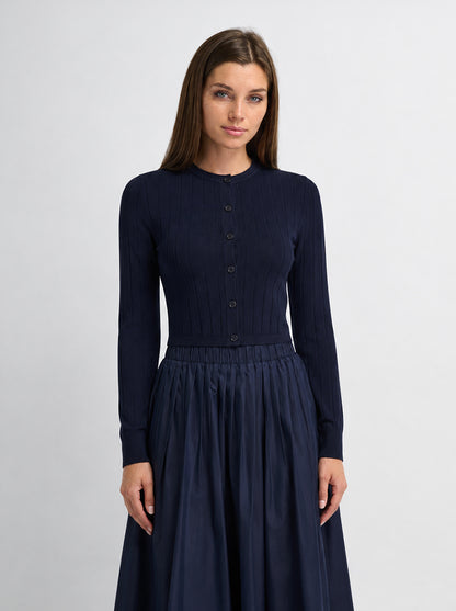 Silk Knit Ribbed Cardigan 17" - Navy