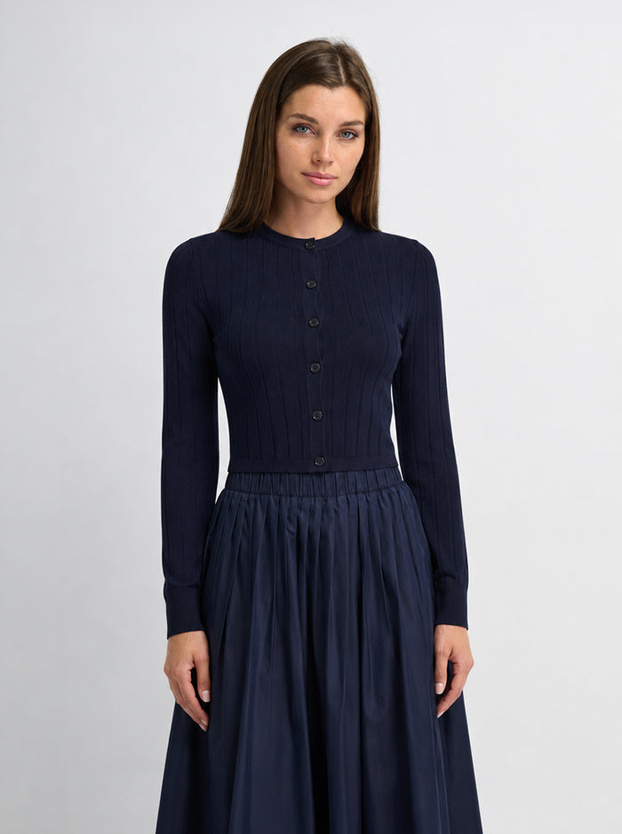 Silk Knit Ribbed Cardigan 17" - Navy