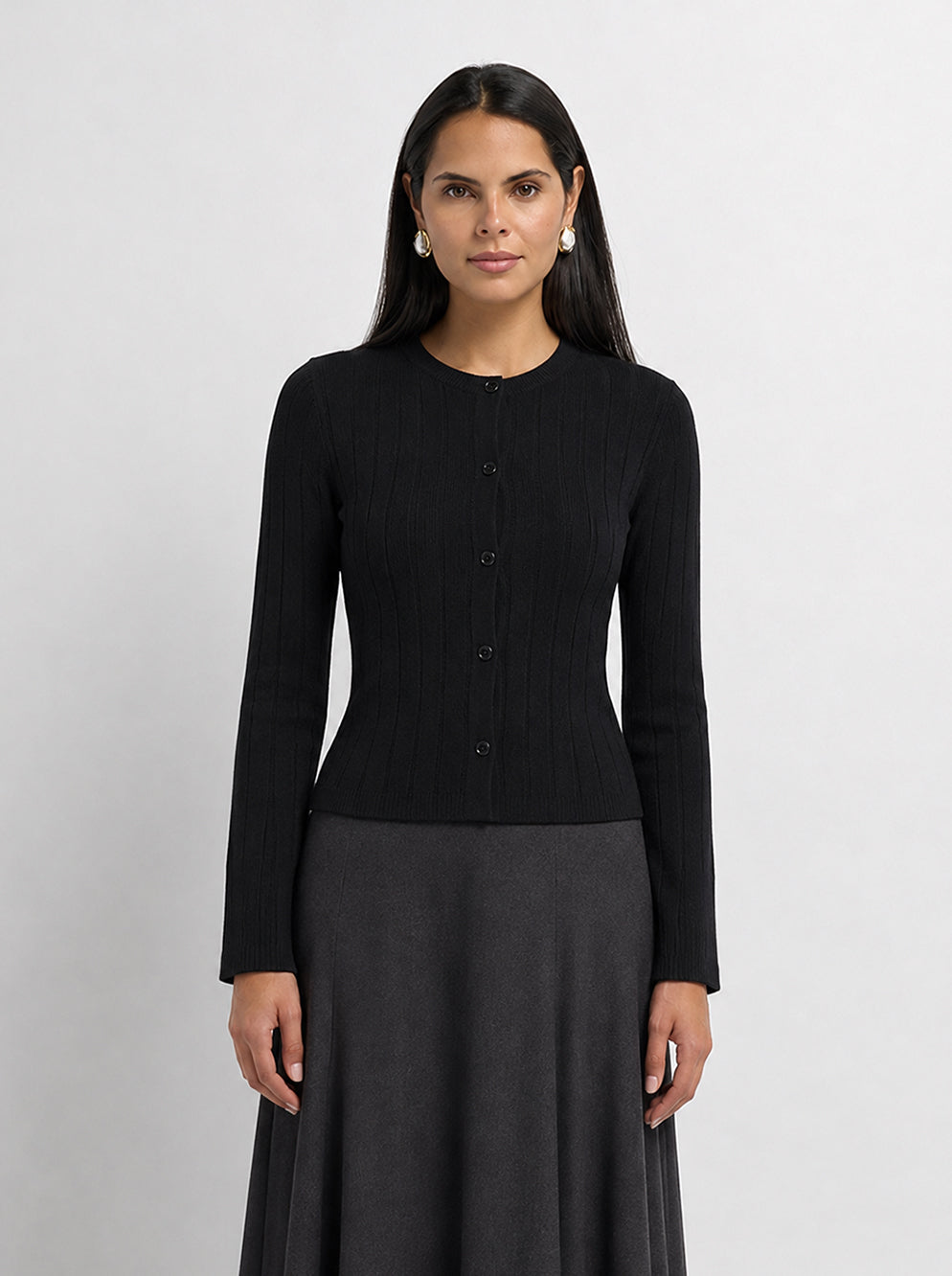 Silk Knit Ribbed Cardigan 20"- Black