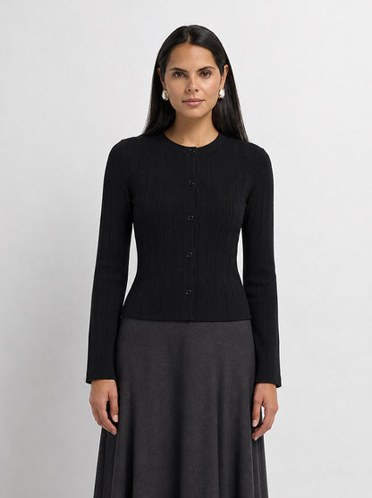 Silk Knit Ribbed Cardigan 20"- Black