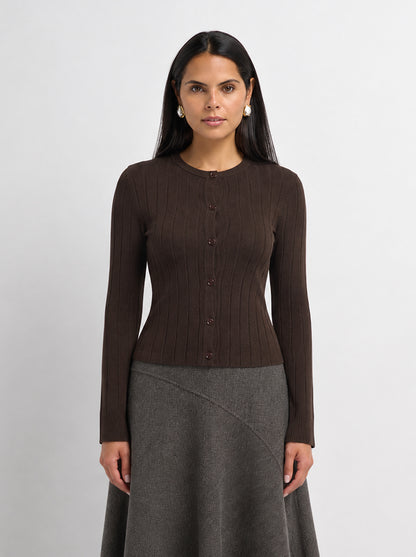 Silk Knit Ribbed Cardigan 20"- Brown