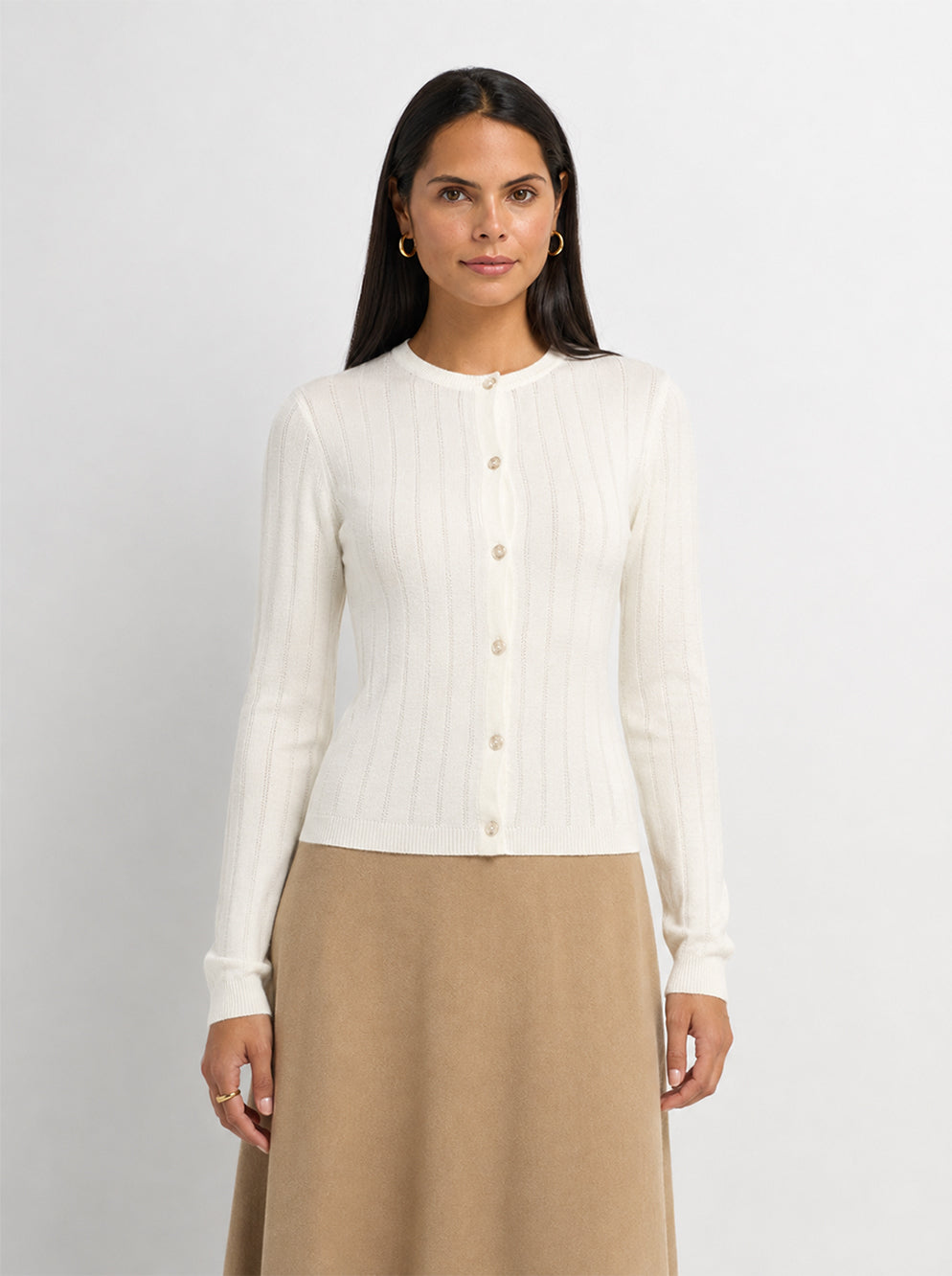 Silk Knit Ribbed Cardigan 20"- Cream