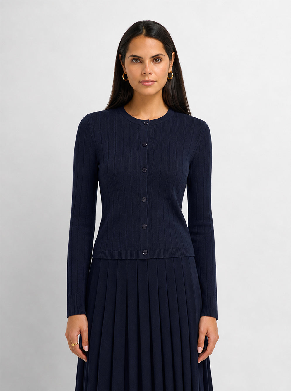 Silk Knit Ribbed Cardigan 20" - Navy