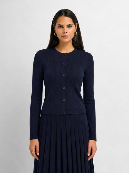 Silk Knit Ribbed Cardigan 20" - Navy