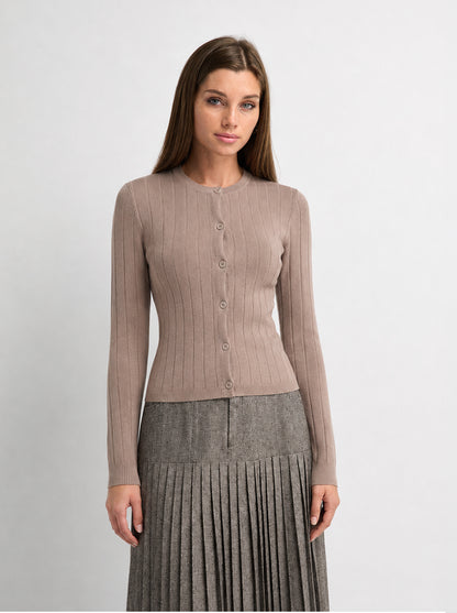 Silk Knit Ribbed Cardigan 20"- Warm Taupe