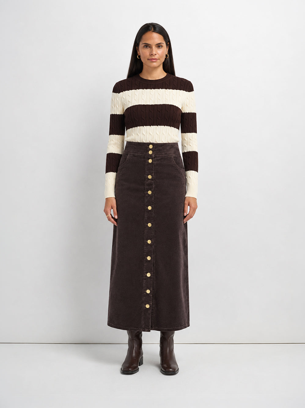 Snap Down Corduroy Skirt - Cement/Brown