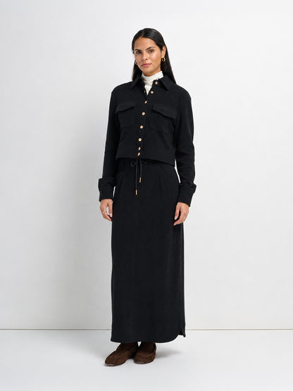 Soft Ribbed Drawstring Maxi Skirt - Black